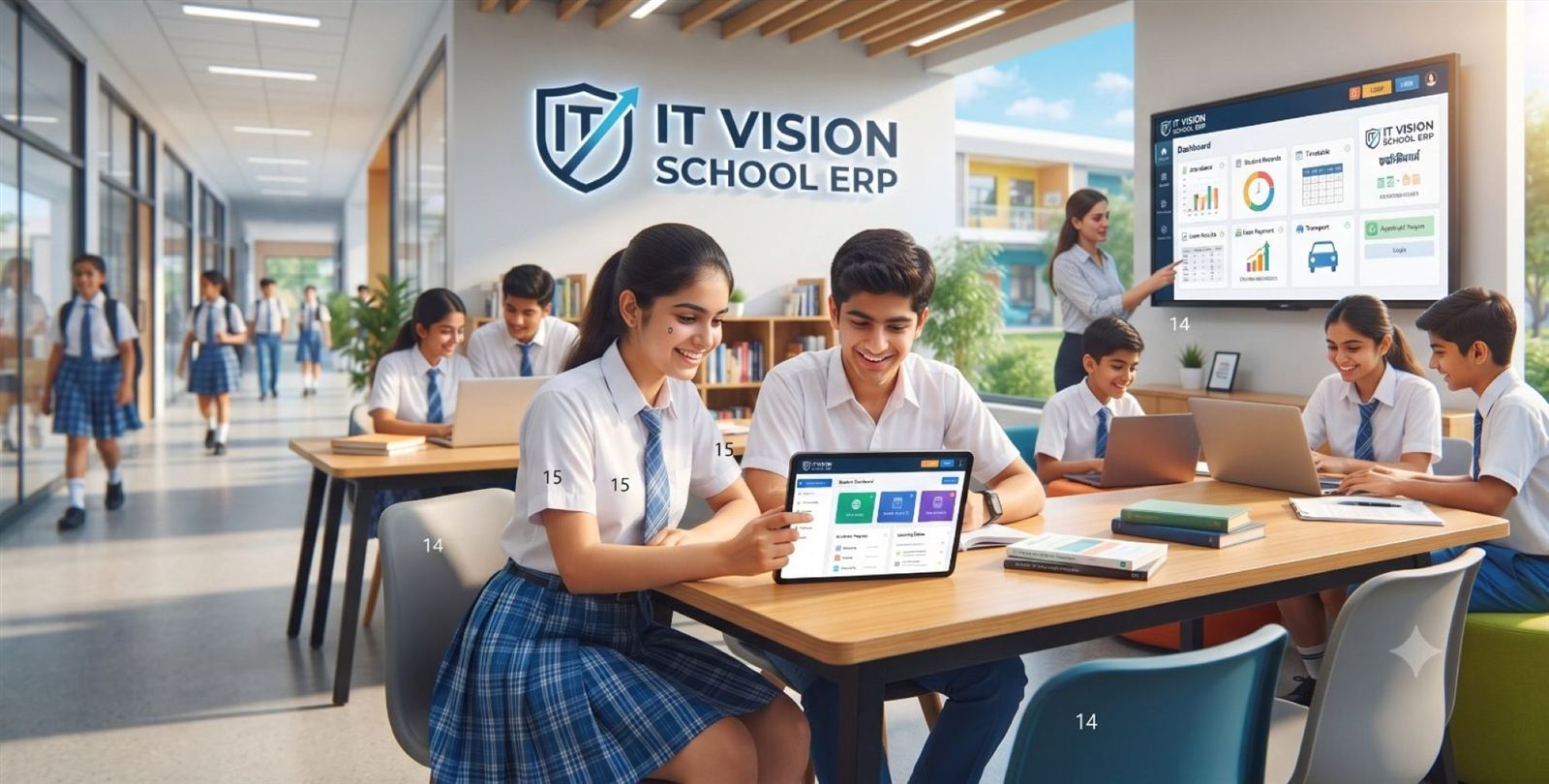 Students using the IT Vision School ERP on a tablet in a modern school library while a teacher presents the ERP dashboard