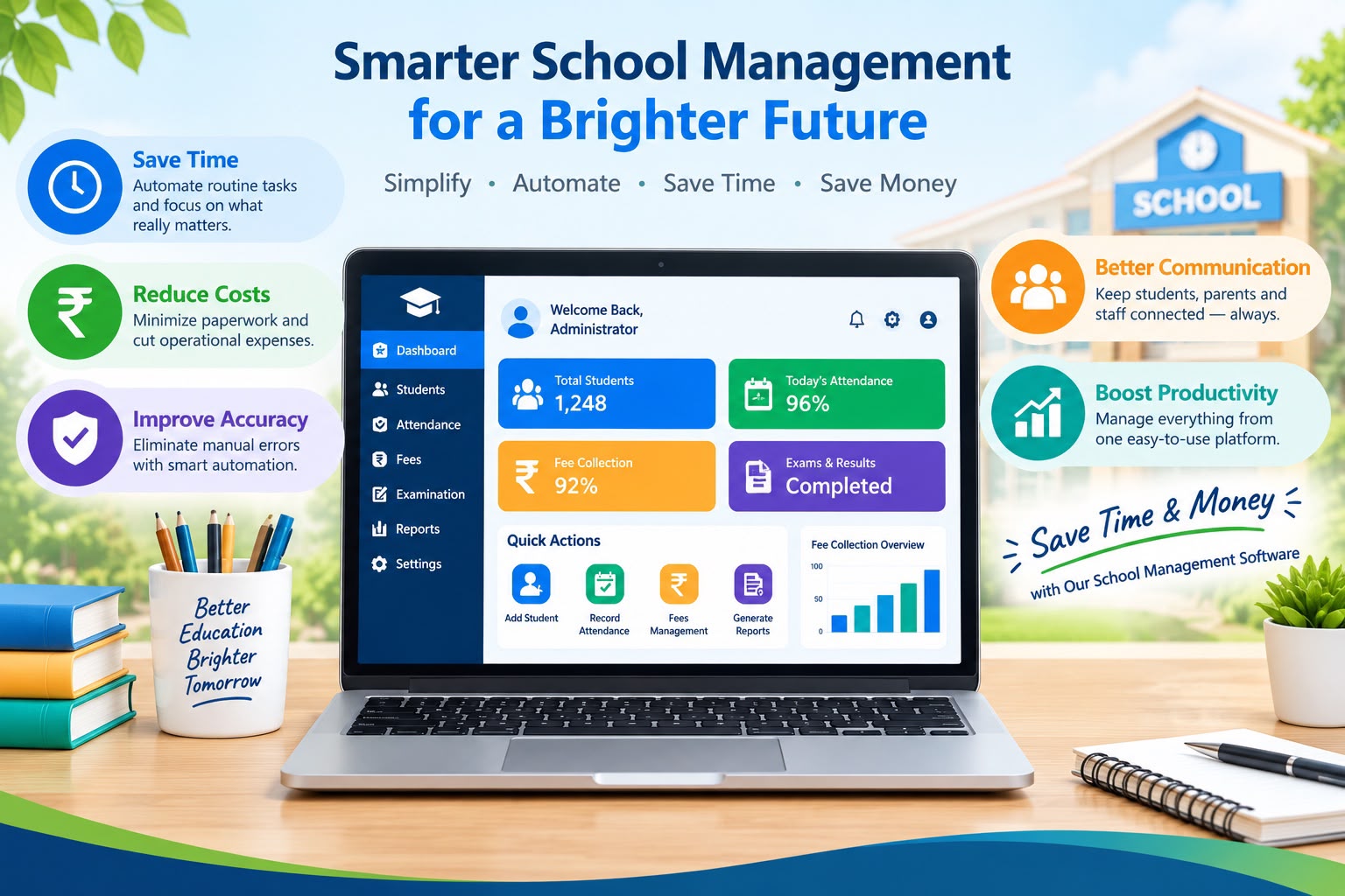 iSAS analytical dashboard with collections, admissions, attendance chart and quick links