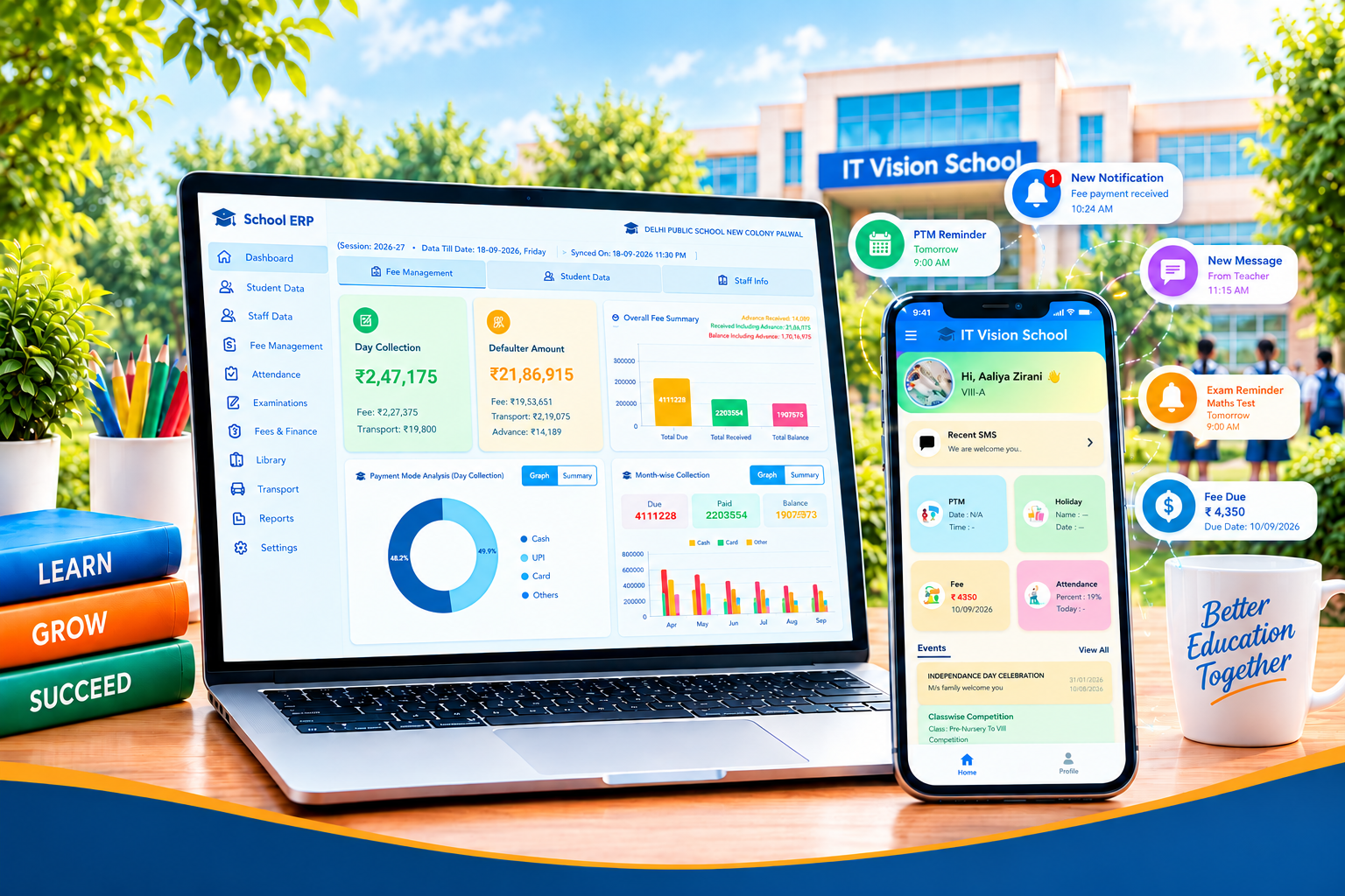 iSAS dashboard with fee, transport, concession and expense summaries, attendance breakdown and quick links