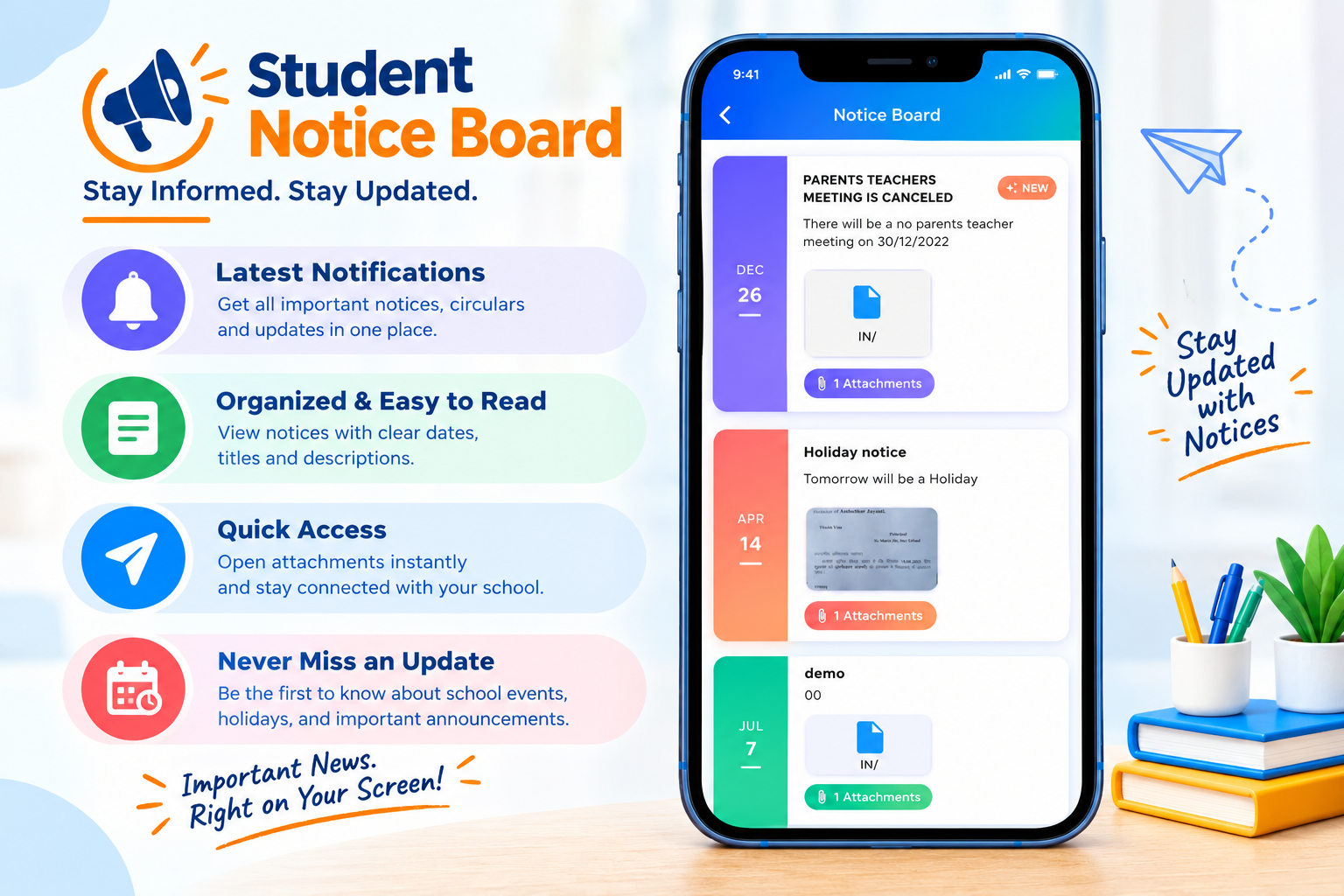 Parent's App homework list with daily homework and submission dates, and transport details with route, stop and driver information