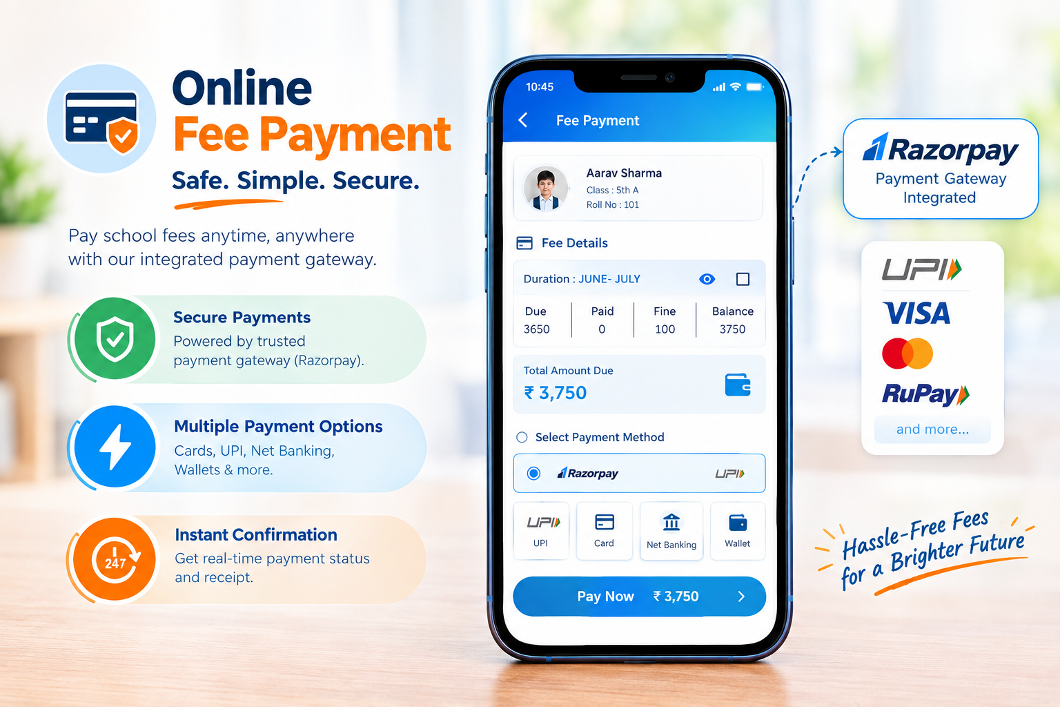 Two screens of the Parent's App: the home screen with PTM, holidays, fee and attendance, and a monthly attendance calendar with summary