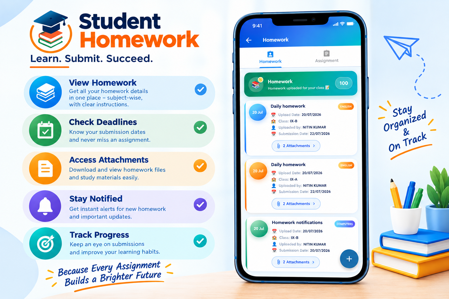 Parent's App homework list with daily homework and submission dates, and transport details with route, stop and driver information
